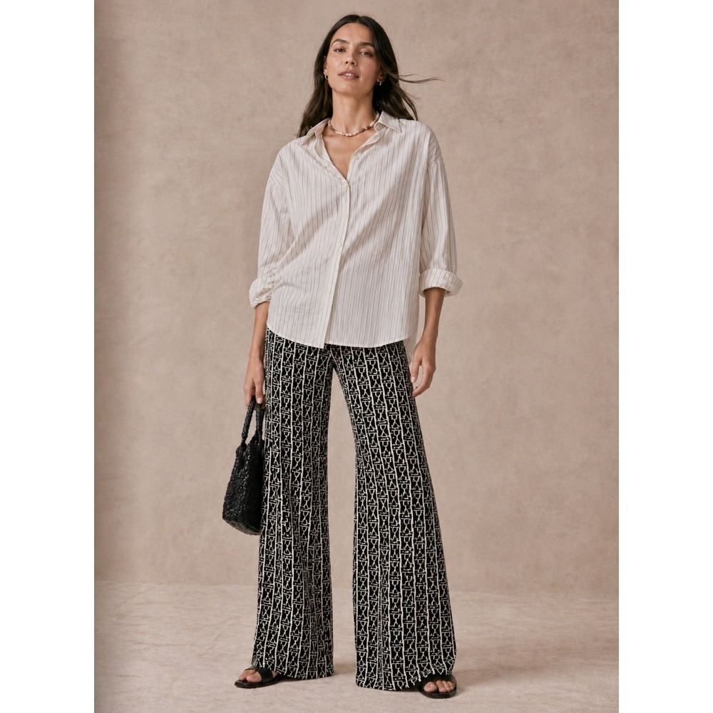 Zara Pants Women Sz L Black White Flare Elastic Waist Front Closure Retro